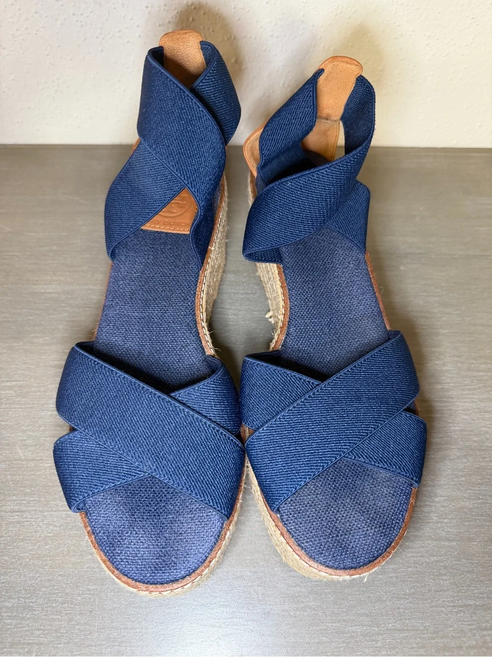 Tory Burch Freida Canvas Leather Blue Platform Espadrille Sandals Women's Sz 8 M